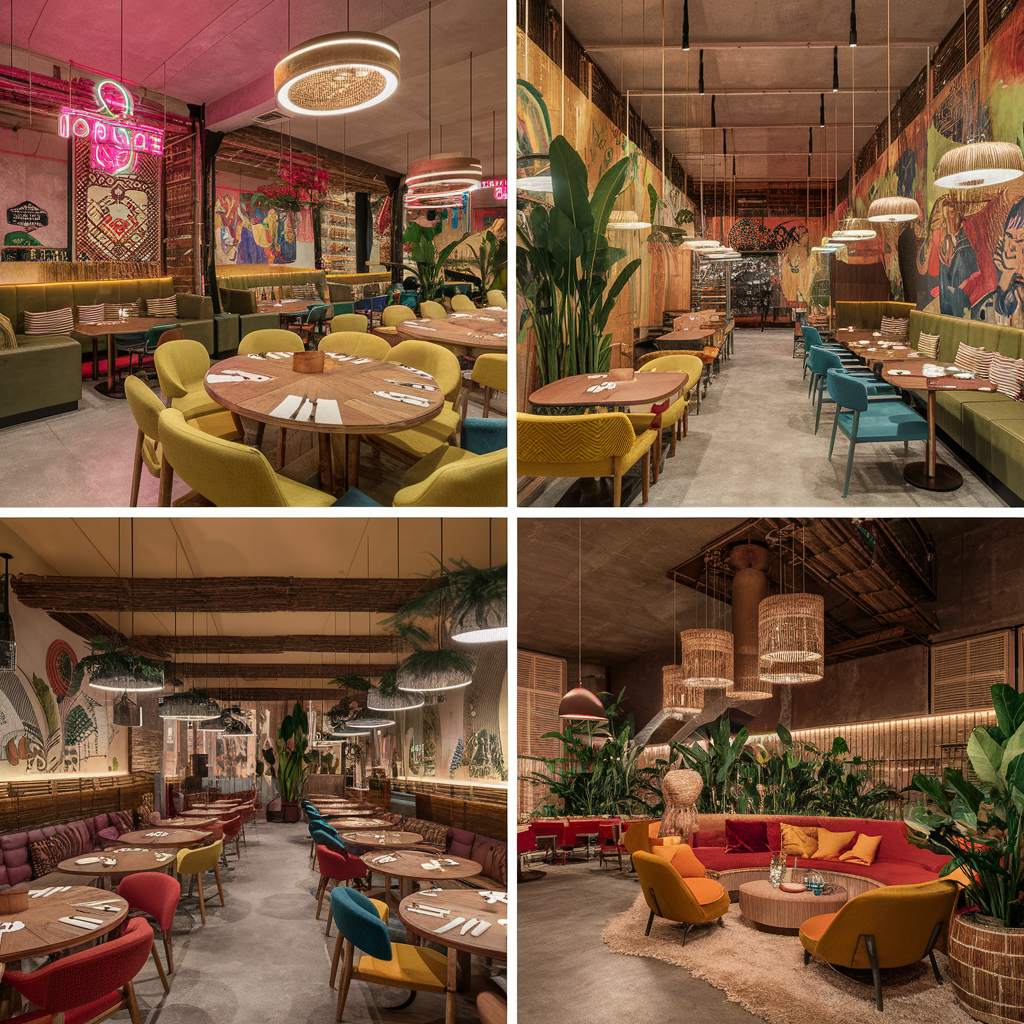 Modern restaurant and café interior design in Gurgaon featuring vibrant seating, neon signage, wall murals, and sustainable décor elements for an Instagrammable dining experience. 