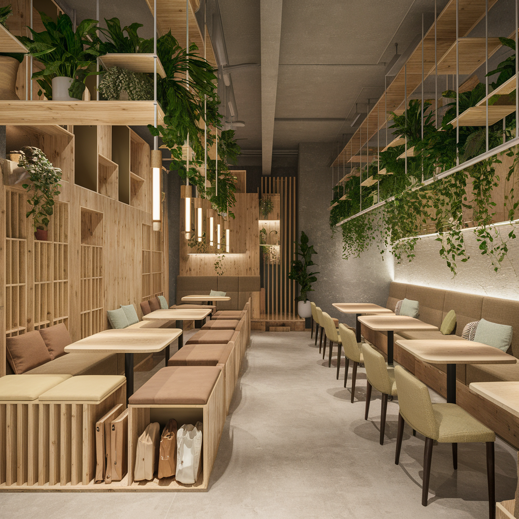 Eco-friendly café interior design in Gurgaon featuring modular furniture, vertical storage, and greenery for space-saving and sustainable dining. 
